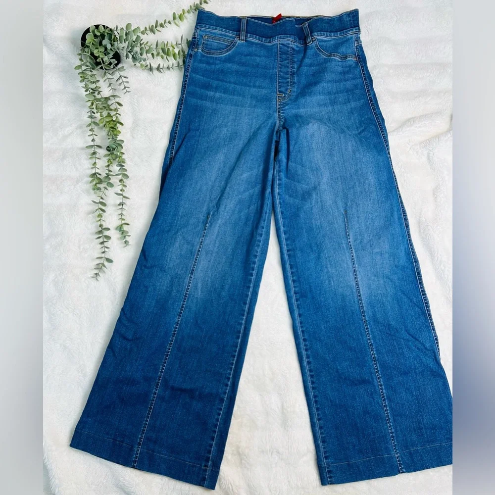 Spanx Seamed Front Wide Leg Vintage Indigo Flared Jeans Size 1X Tall - Picture 8 of 12